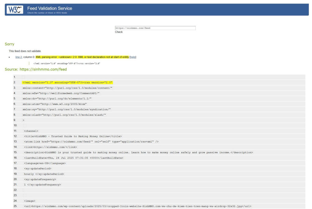 An error in the sitemap is causing the feed to malfunction as well