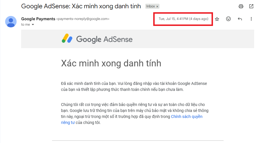 Xác minh danh tính Google Adsense thành công