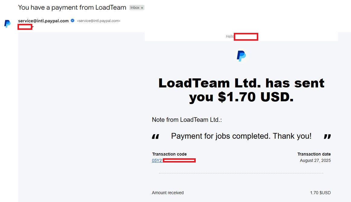 LoadTeam payment proof
