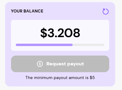 Real Pawns.app balance screenshot showing $3.208 towards $5 minimum payout