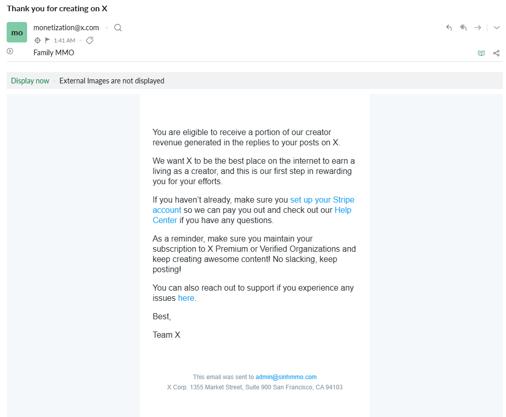 Screenshot of X monetization approval email confirming eligibility to earn creator revenue