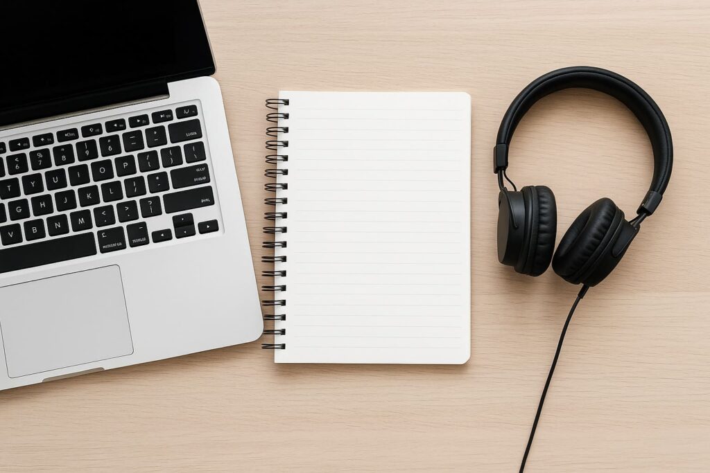 Flat lay of laptop, notebook, and headphones on a wooden desk for online tutoring setup