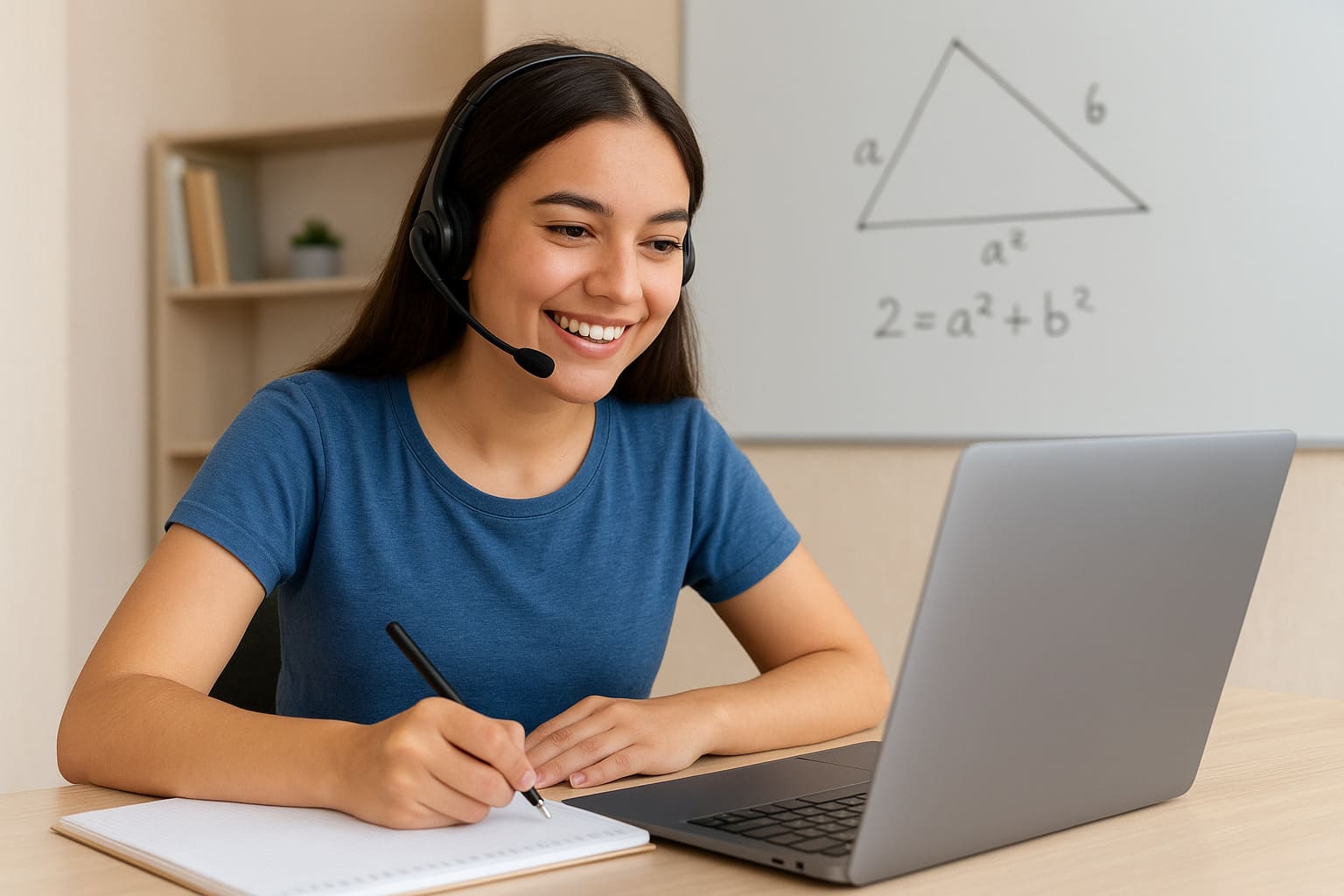 Happy college student teaching math online via video call on laptop