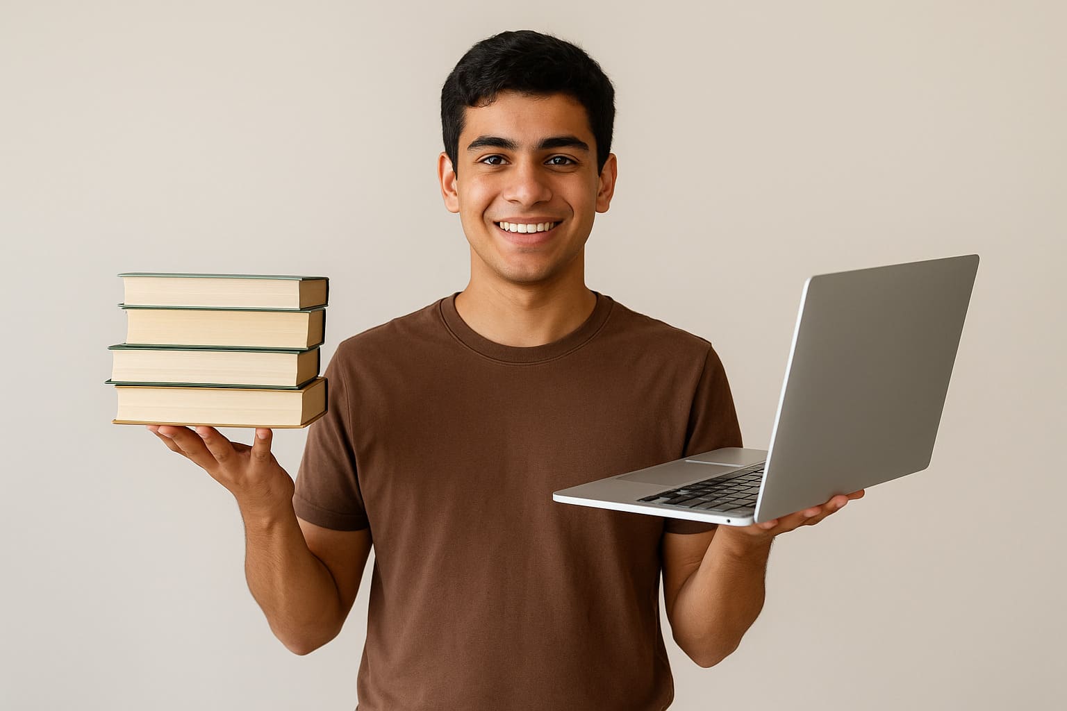 Student balancing books and laptop