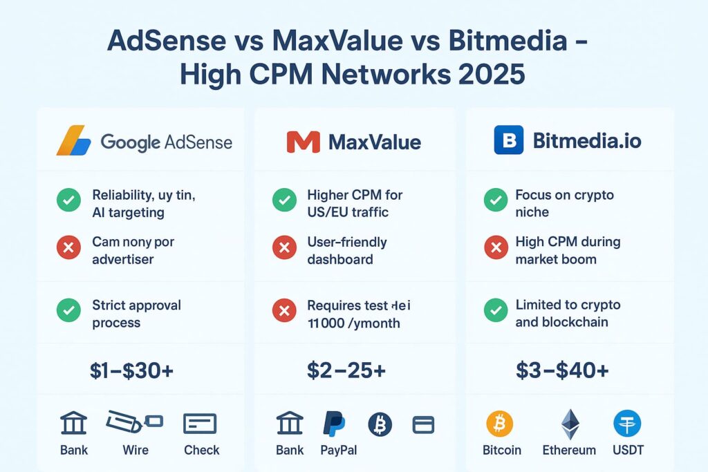 Infographic comparing AdSense vs MaxValue vs Bitmedia