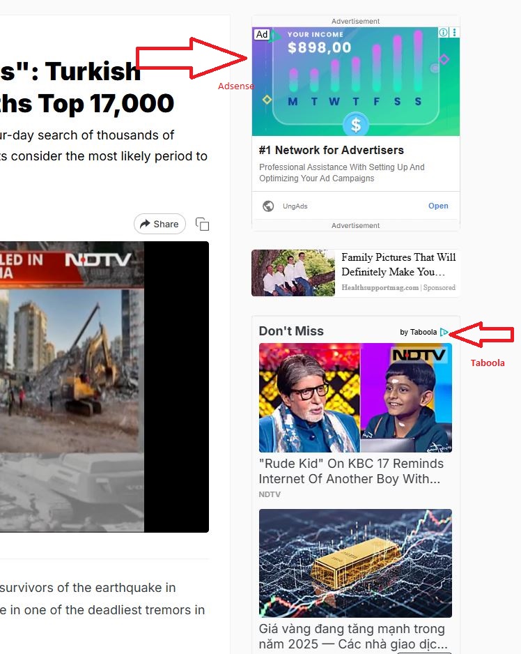 AdSense ad inside article +Taboola widget below content