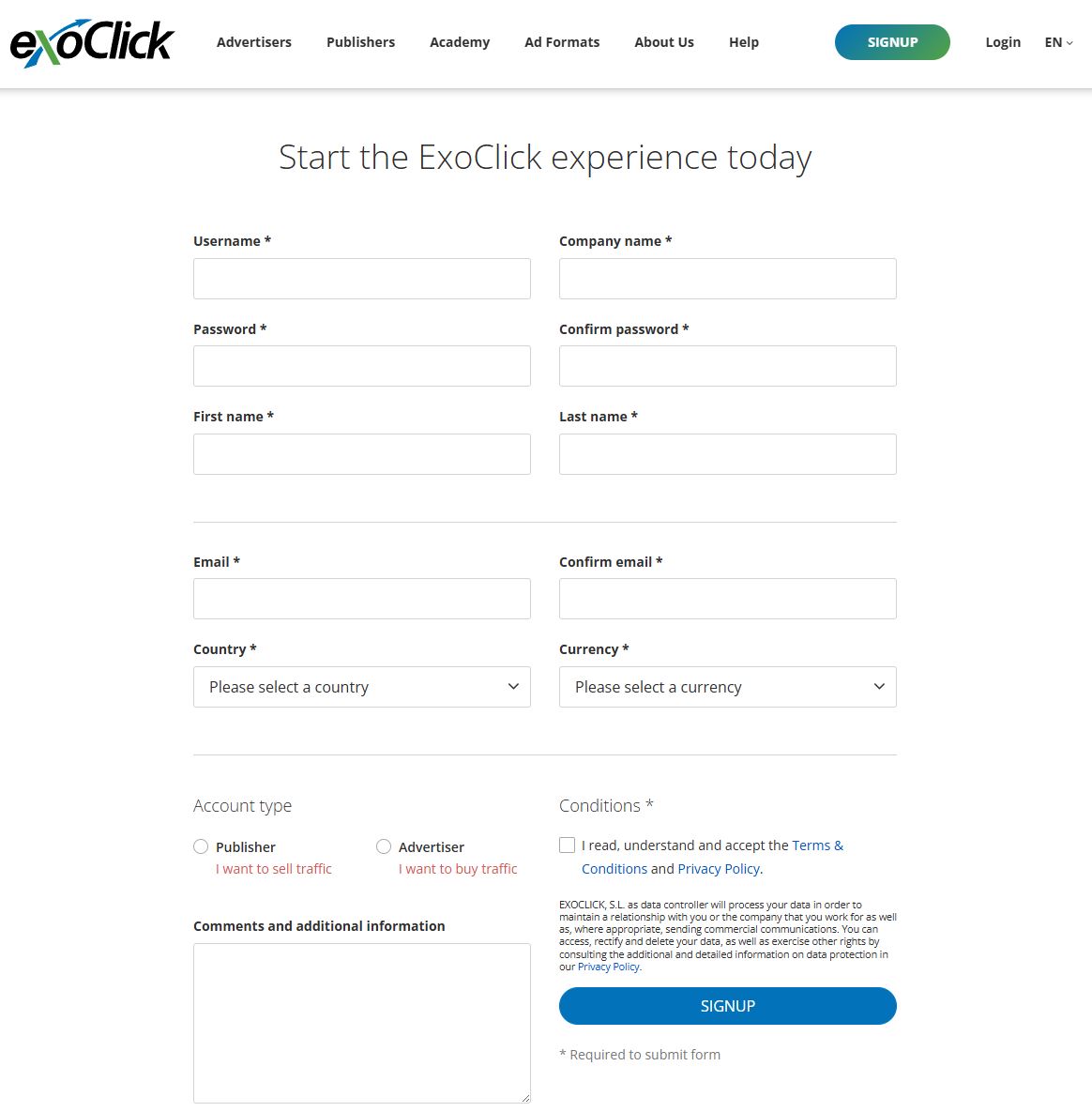 ExoClick signup form
