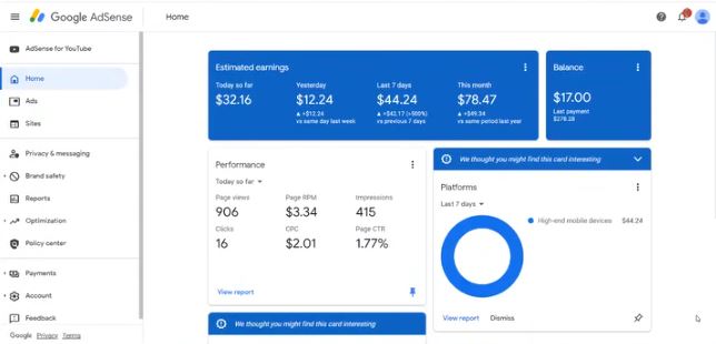 Screenshot of AdSense performance dashboard with high CPM earnings