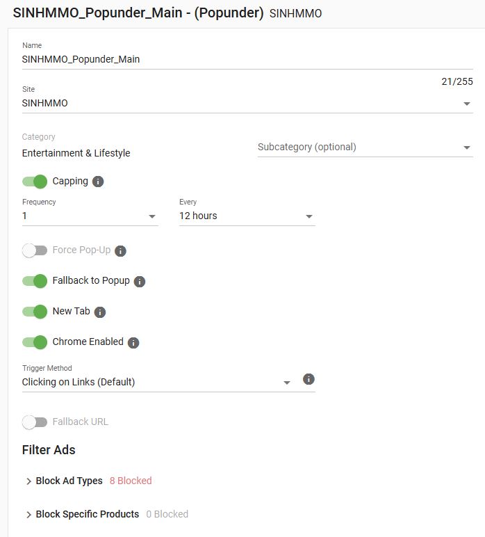 Example of ad zone settings for popunder