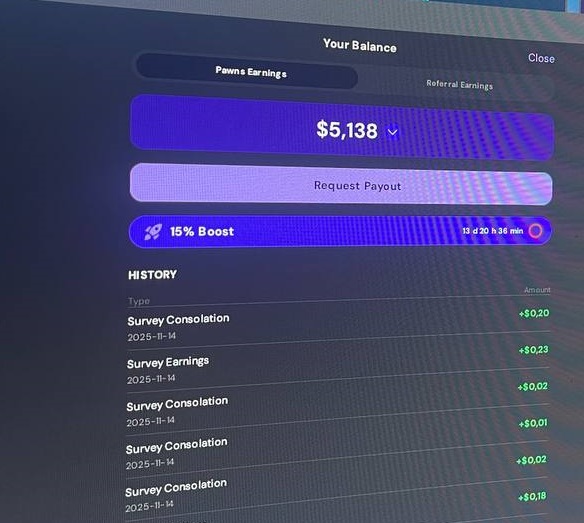 Pawns.app Dashboard screenshot earnings proof